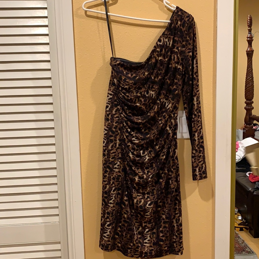 Calvin Klein one shoulder animal print dress.